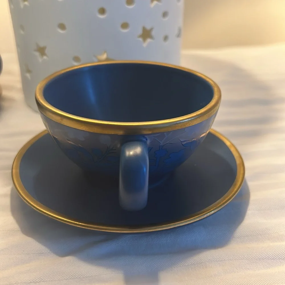 DaySpring Scripture Verse Tea Cup and saucer. Verse- Acts 3:19 KJV Blue & Gold